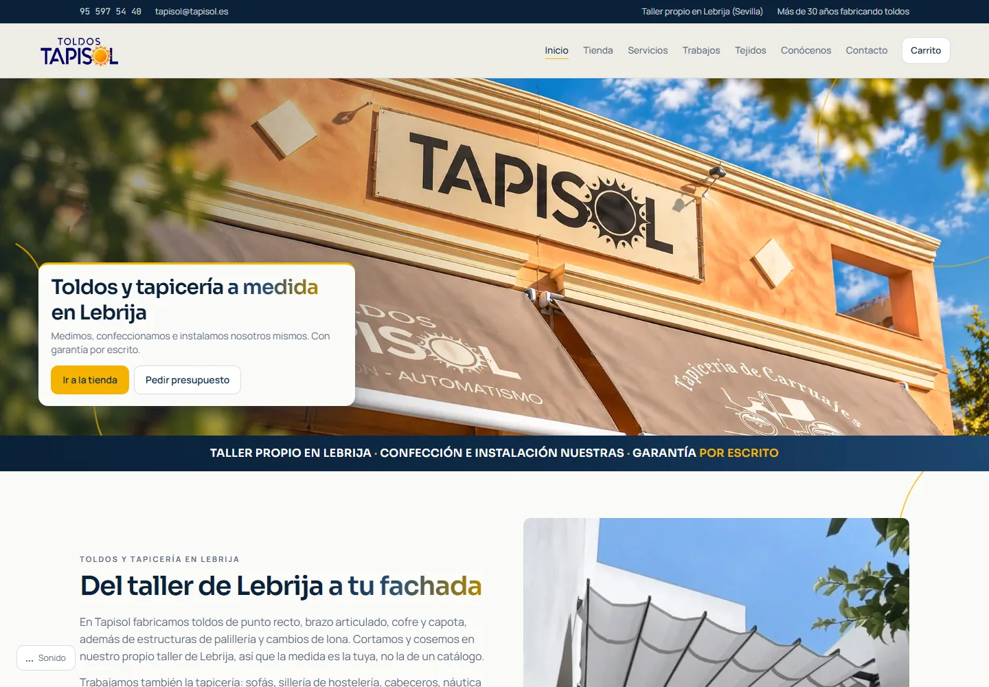 Página de inicio de Tapisol, taller de toldos y tapicería en Lebrija